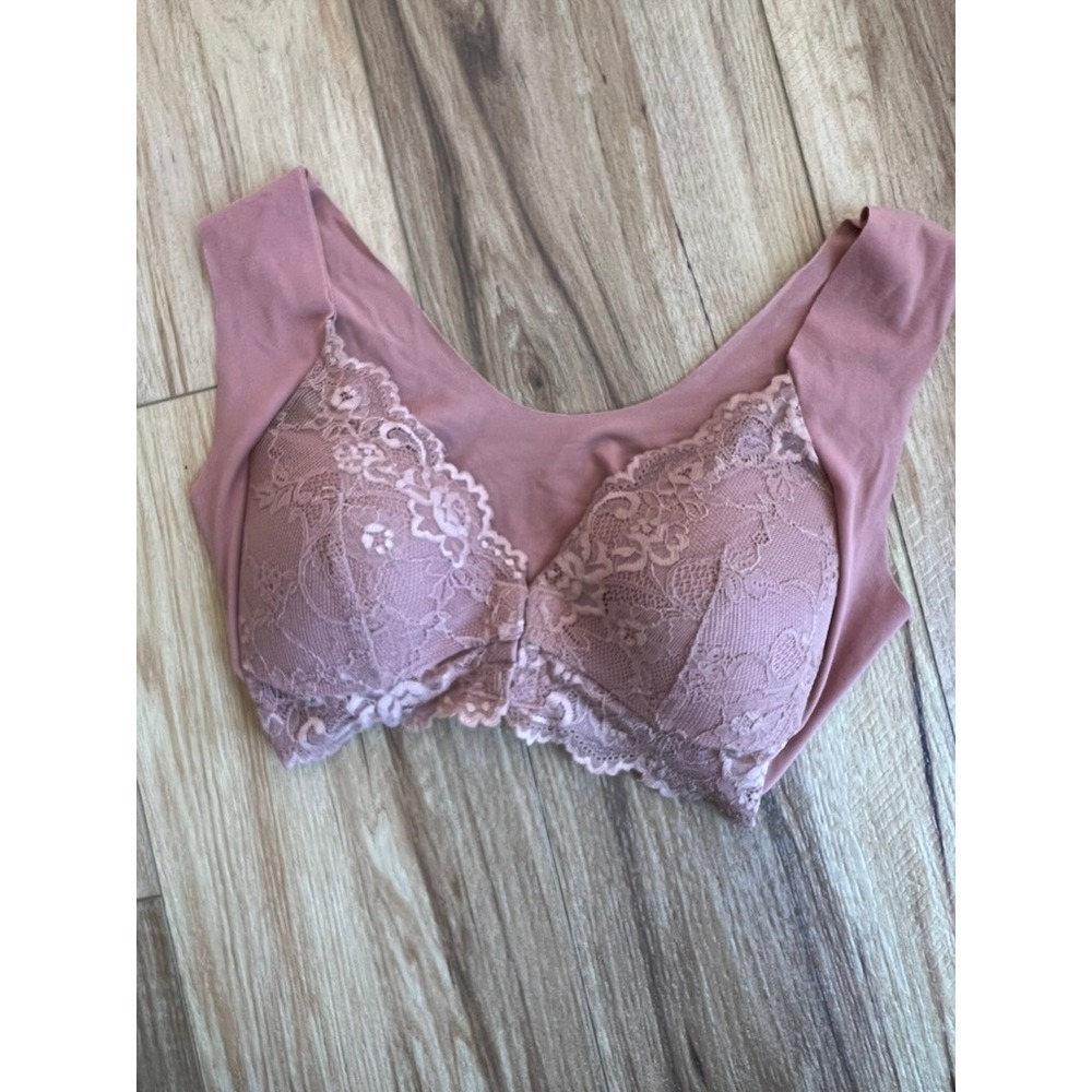 Dusty Rose Floral Lace Front Hook Seamless Bralette L 86-94cm Coquette Feminine